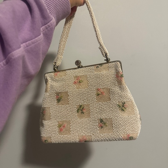 Vintage Floral Checkered Elegant Cream Beaded Handbag Purse - Picture 1 of 8